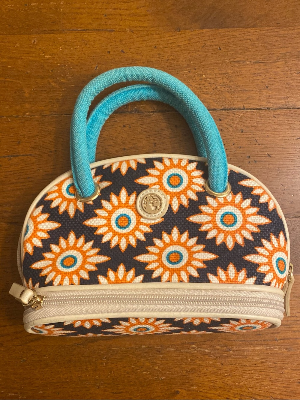Spartina 449 Mini Cosmetic Pencil Pen Case Bag Satchel Orange Blue Floral
